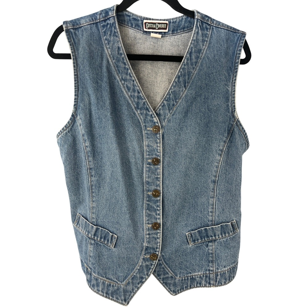 Vintage Gotcha Covered Denim Jean Vest Size L Made in USA Cowgirl Chic
